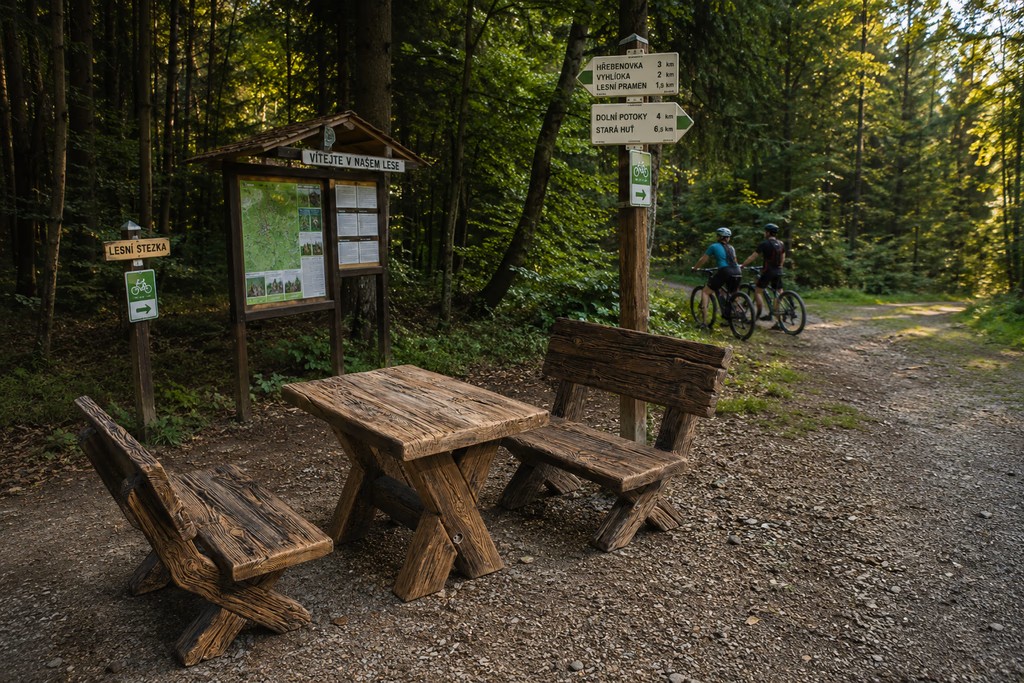 Betonové lavice a stoly s imitací dřeva příklad použití u rozcestníku v lese